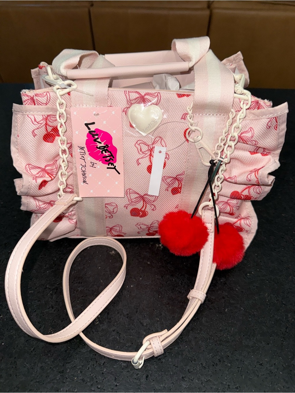 NEW LUV BETSEY JOHNSON Pink Red Cherry RUFFLE TOP HANDLE crossbody pompom Bag - Picture 3 of 16